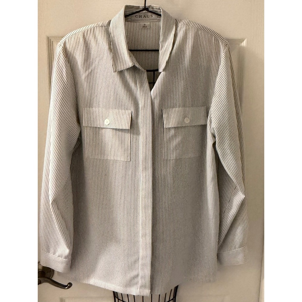 Chaus Women's White Pinstripe Utility Shirt Flap Pockets Size 16